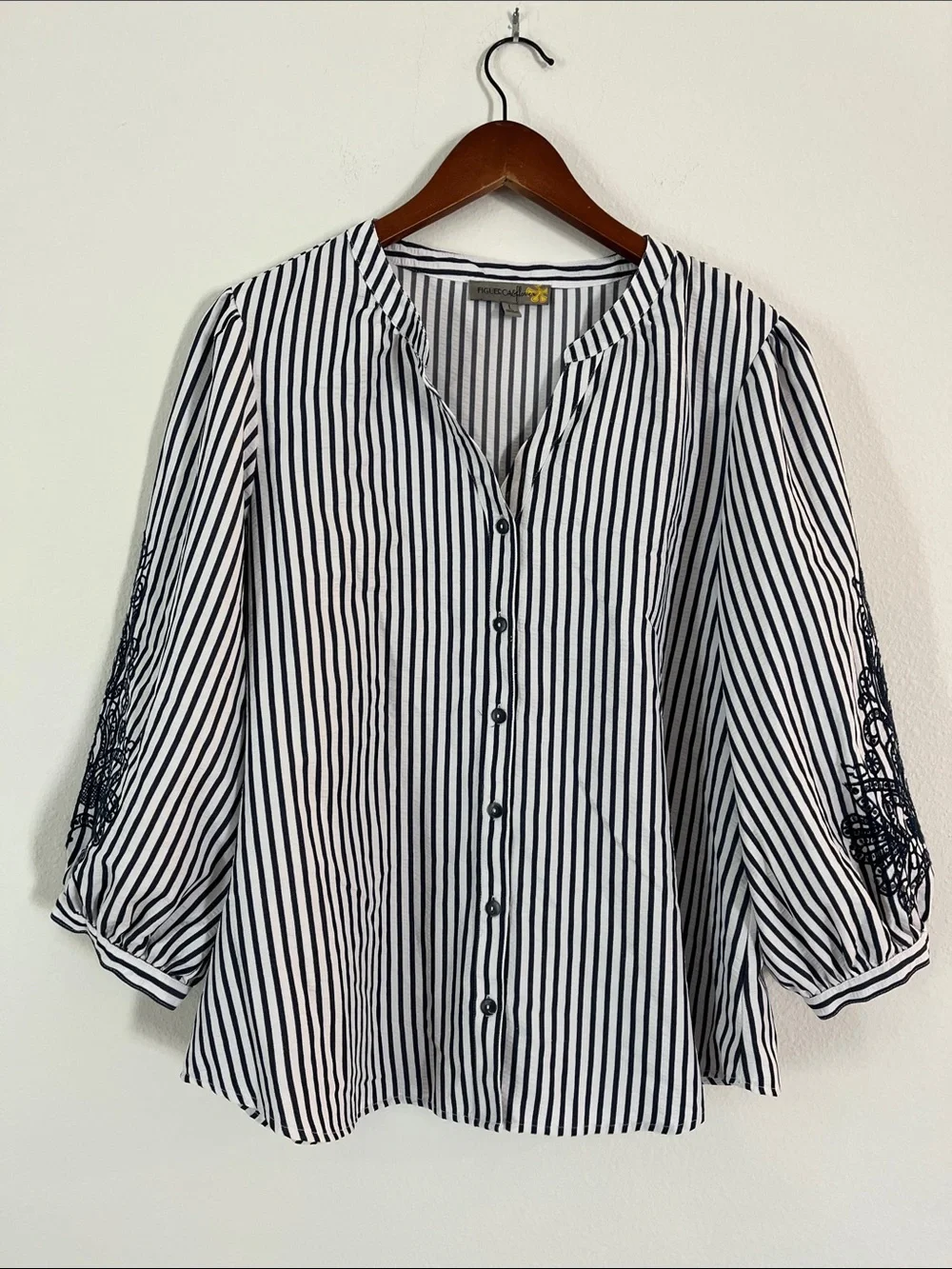 Boutique Black & White Striped Button-Down Blouse with Embroidered Sleeves